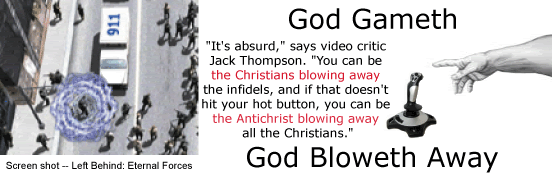 God Gameth, God Bloweth Away: The creators of a violent video game are linked to dominionist pastor Rick Warren. Graphic by Jonathan Hutson