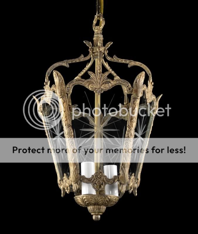 Antique Vintage Lantern Pendant Glass Brass Gold Chandelier Light Pair 